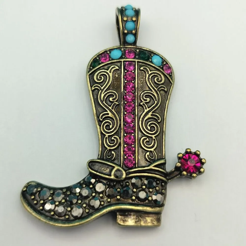 Western Cowboy Boot Pendant Rhinestone Antique Gold Tone Charm 2